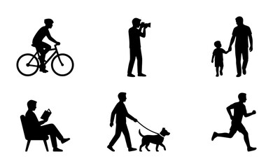 Fototapeta premium Silhouette Collection: Diverse Human Activities, Cyclist, Photographer, Father & Child, Reader, Dog Walker, Runner, Vector Icons for Lifestyle and Recreation