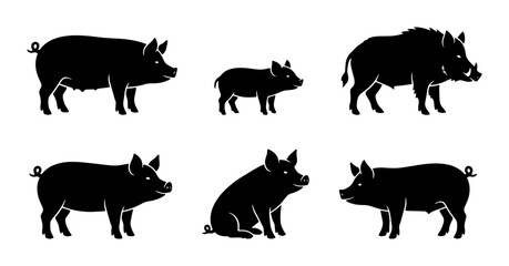 Set of Six Black Pig Silhouettes, Farm Animals Collection, Wild Boar and Piglets Vector Icons, Livestock and Swine Graphics © Jakir