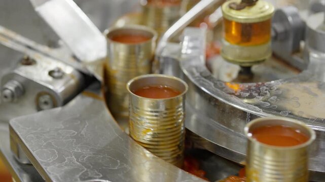 Food factory automated production line, canned food production line with metal tin and orange sauce industrial factory machinery metal can filling machine food factory industrial automation process