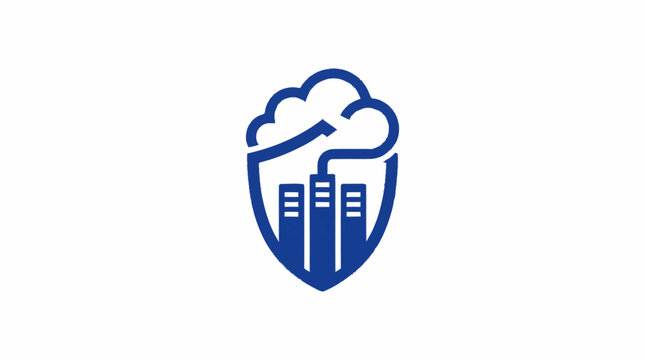 Cloud computing security shield logo with buildings inside.