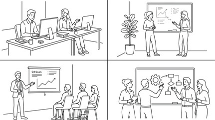 Obraz premium Business meeting and office teamwork collection with presentations and collaboration vector illustration set