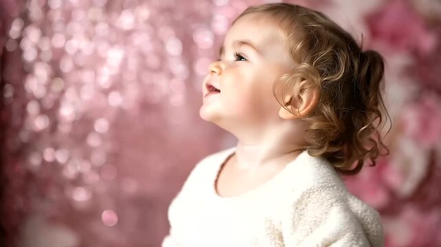 Faceless surprised little girl with tiny curls looking at camera while cutely pointing left hand surrounded by sparkling pink backdrop, child portrait, toddler expression,