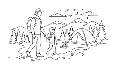 Father and son hiking and camping in mountains at night with tent and campfire © Nafish