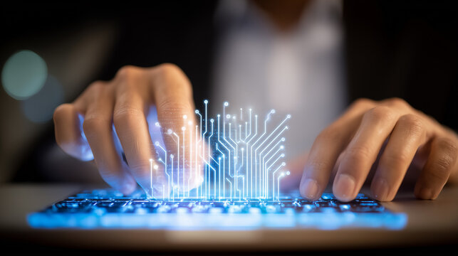 Hands typing on a keyboard with glowing circuit patterns, representing digital work, technology innovation, data processing, and connected business systems
