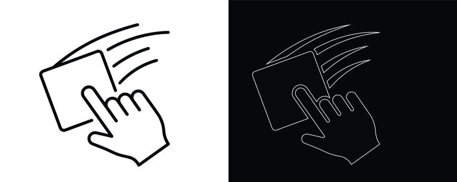 Minimalist hand gesture icon set, touch screen swipe interaction vector, black and white finger dragging motion graphic for mobile UI design