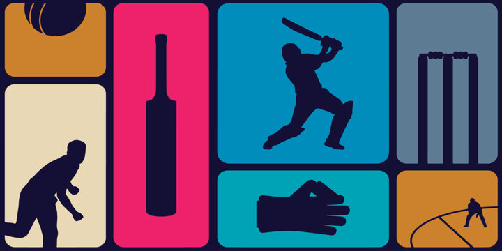 Colorful cricket icons and silhouettes in a modern graphic design.