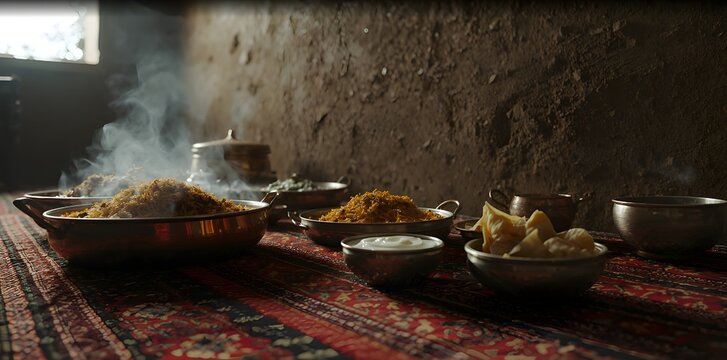 Traditional festive Afghan food serving with Kabuli Pulao on dastar khan.