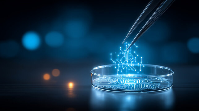 Tweezers lifting a circuit pattern from a laboratory dish, representing artificial intelligence research, microtechnology development, and advanced digital engineering
