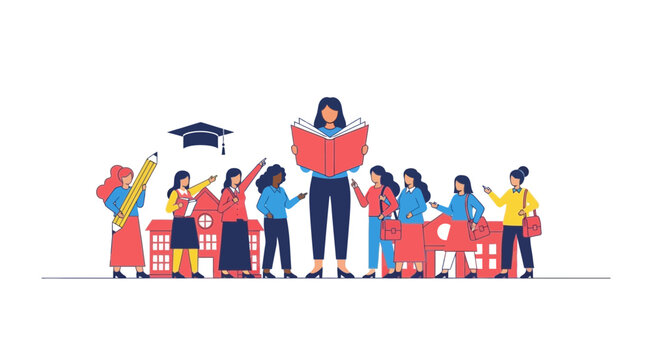Diverse students learning and reading books with graduation cap and school buildings
