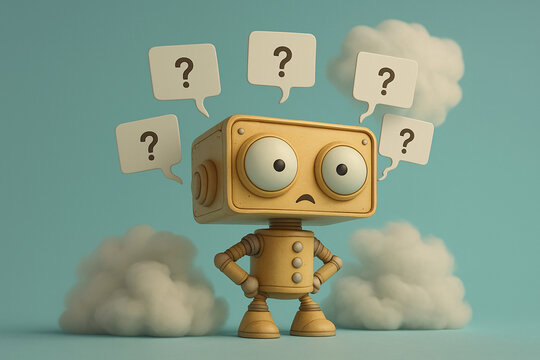 Cute confused yellow 3D robot character with question marks in speech bubbles looking worried or sad isolated on blue background concept of ai error