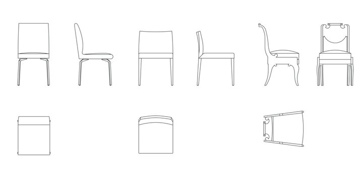 Collection of wooden and upholstered dining chairs showing front side and top views in a technical line style.