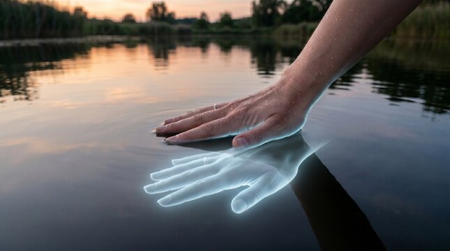 A hand resting on water, ripples spreading but the hand does not get wet