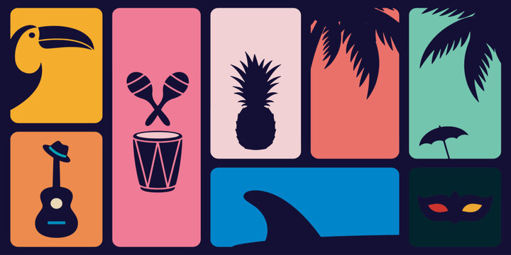 Colorful graphic illustration of tropical vacation themed icons and elements.