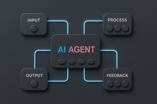 AI Agent concept diagram with input process output and feedback blocks neumorphic design style flowchart for artificial intelligence workflow