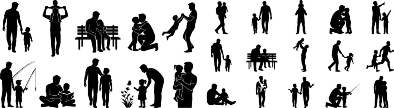 Comprehensive set of father and child silhouettes illustrating diverse parenting and family bonding scenarios