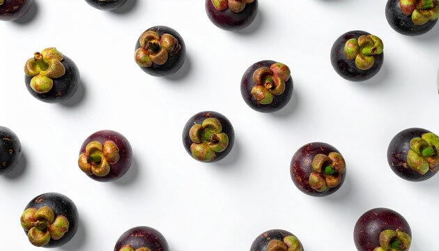 A visually appealing pattern of fresh, ripe mangosteen fruits on a crisp white surface, embodying healthy tropical goodness and vibrant flavors