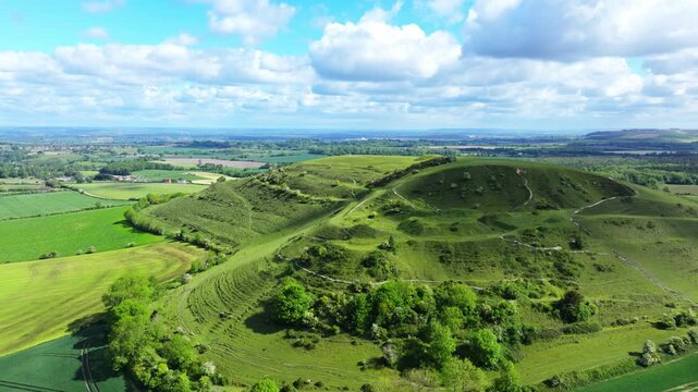Aerial shot of Cley Hill in Wiltshire, UK