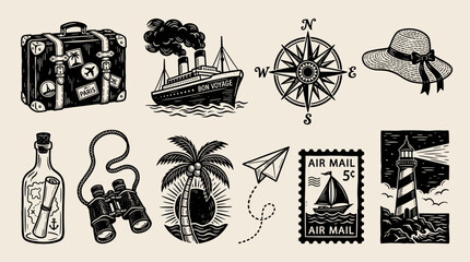Obraz premium Vintage travel icon set linocut style for summer vacation with suitcase and lighthouse on cream background