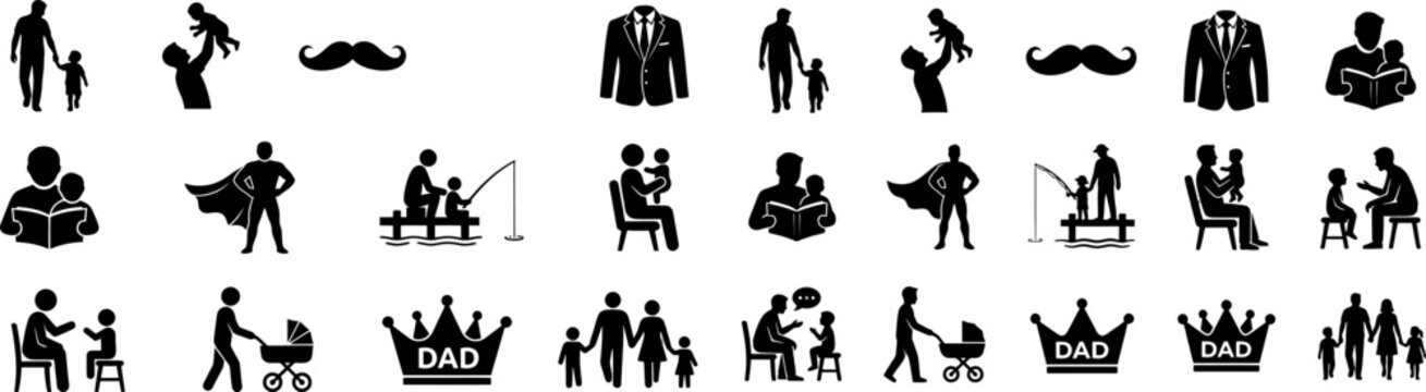 Set of fatherhood and parenting icons featuring silhouettes of dad activities isolated on a white background