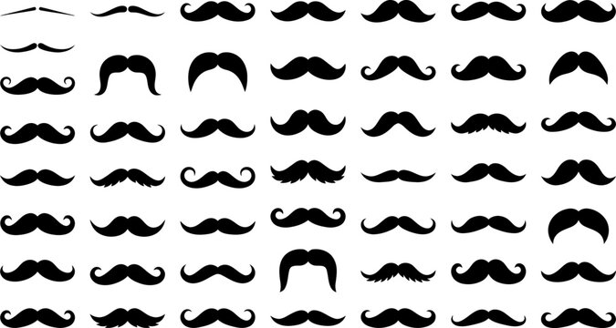 Large assortment of various mustache shapes and styles in black silhouette isolated on white background