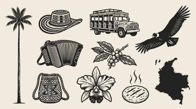 Traditional Colombian culture icon set in linocut style with wax palm, sombrero vueltiao, chiva bus, and andean condor, on cream background