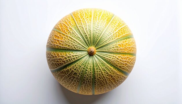 Fresh Cantaloupe Melon with Distinct Ribs and Green Stripes on White Background