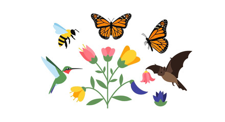 Nature's Pollinators: Butterflies, Bee, Hummingbird, and Bat with Flowers © Buffal