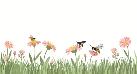 Spring Meadow with Blooming Flowers and Busy Bees © Buffal