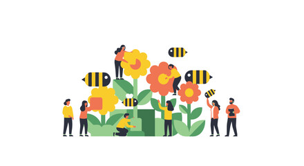 Tiny People Gardening With Bees and Flowers © Buffal