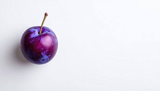 A single ripe plum rests on a stark white background, isolated and beautifully lit