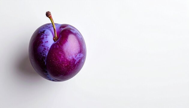 A juicy, dark purple plum, perfectly ripe and bursting with natural sweetness, resting on a clean white surface