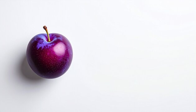 A single, vibrant, ripe plum with a delicate stem, isolated on a clean white background