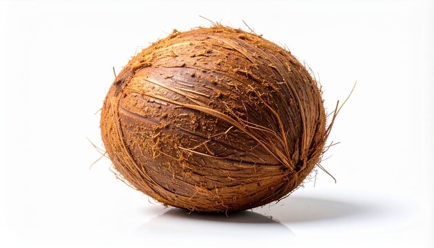 Whole coconut on a white background, a tropical fruit with a rough brown shell