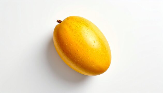 A single, ripe yellow mango, a vibrant golden tropical fruit, displayed against a clean white backdrop