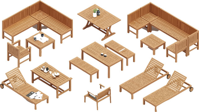 Set of wooden outdoor furniture including dining tables benches lounge chairs and sunbeds in isometric view