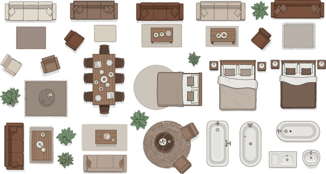 Furniture top view set for interior design floor plans including sofas beds tables and bathroom fixtures vector