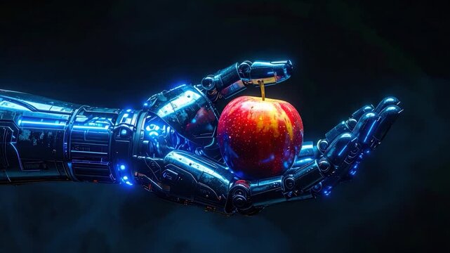 A robotic hand, glowing blue, holds a vibrant red apple