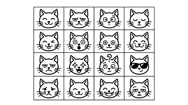 Cat faces grid icon set with black outlines and simple cartoon expressions in a neat square arrangement