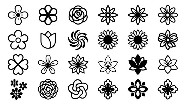 Flower icons set with line art petals, rosette and rose designs in simple black vector shapes featuring daisy, blossom, botanical with floral pattern