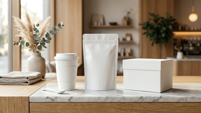 White coffee cup, stand-up pouch, and box on a marble counter in a modern cafe setting, ready for branding and product display.