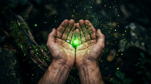 Close-up of hands holding a glowing green orb surrounded by enchanting, ethereal particles in a dark, natural forest setting, creating a magical atmosphere
