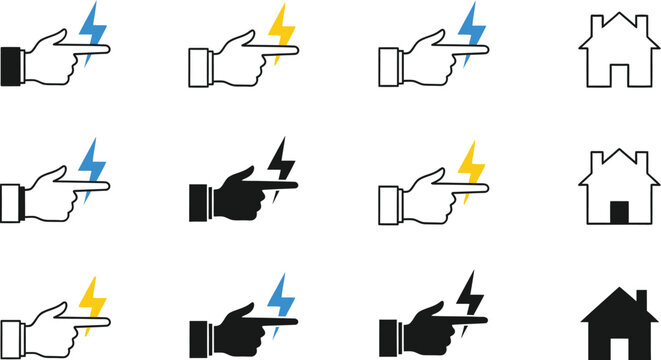 Energy efficient smart home icon set featuring pointing hand gestures with lightning bolts and housesEnergy efficient smart home icon set featuring pointing hand gestures with lightning bolts and hous