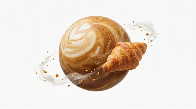 Cosmic Croissant: A delicious croissant orbits a steaming latte planet, with swirls of milk and coffee creating an ethereal galaxy effect, offering a taste of the extraordinary