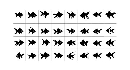 Collection of black fish silhouettes in various swimming positions on white background © Asim