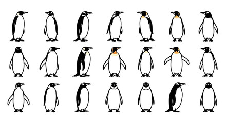Collection of various penguin illustrations in different poses and styles on white background © Asim
