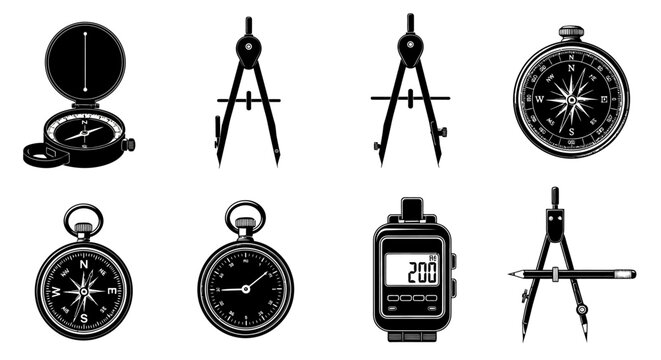 Navigation tools and drafting instruments on white background