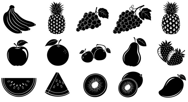 Collection of various fruit icons in black silhouette style on white background