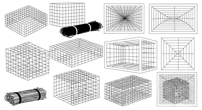 Wireframe cubes and meshes for 3d modeling and design including grids and wire meshes