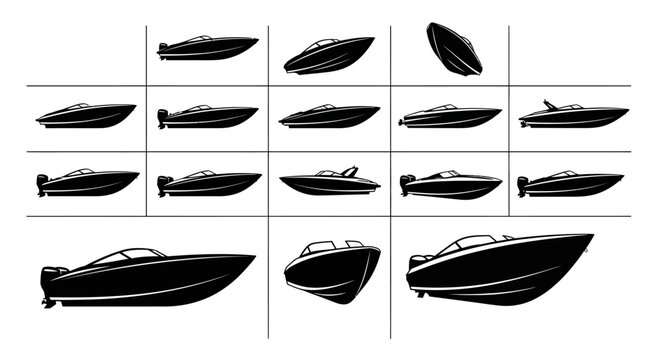 Set of sleek boat silhouettes in various orientations and styles on white background