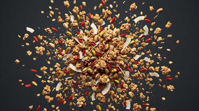 Exploding popcorn with colorful candy pieces on dark background